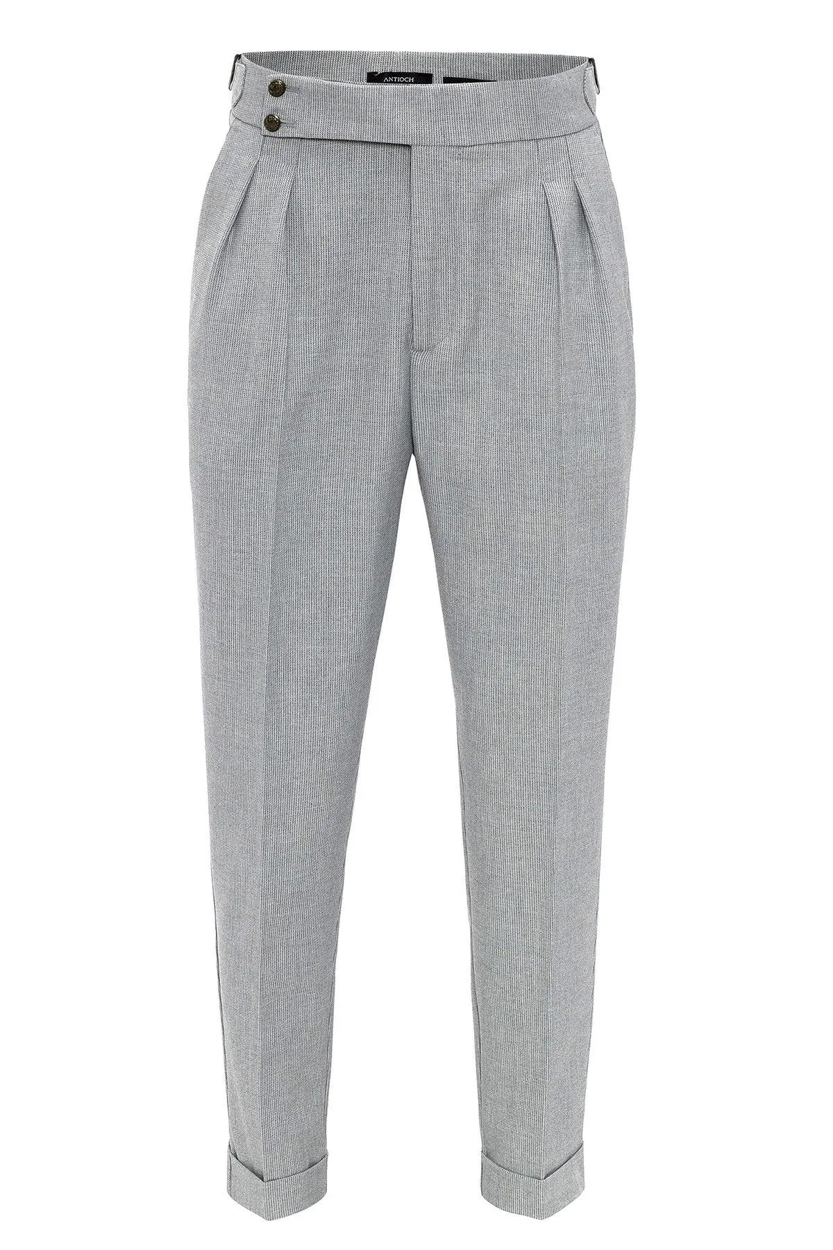 Men's Grey High Waist Side Buckled Pleated Fabric Trousers - Wessi