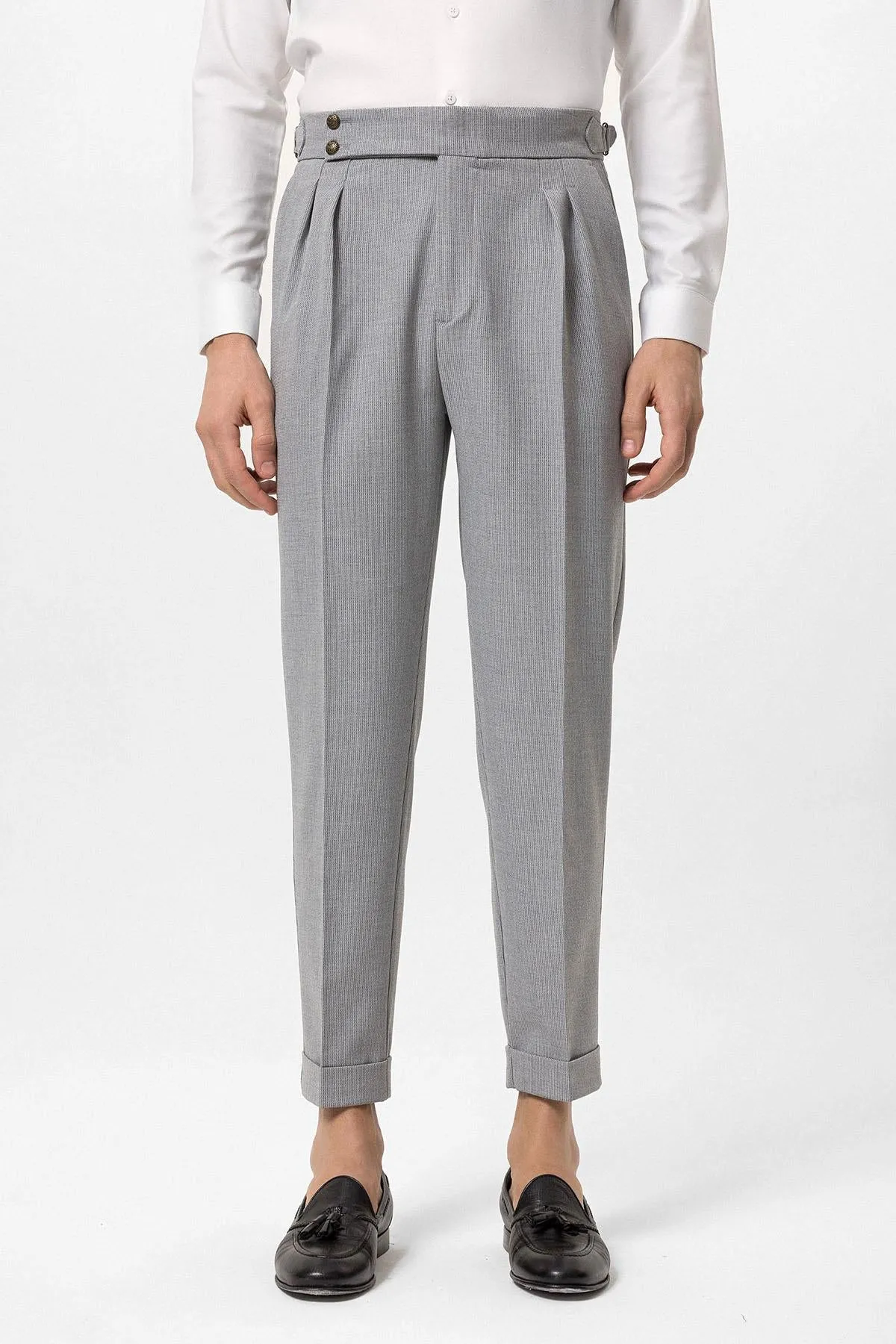 Men's Grey High Waist Side Buckled Pleated Fabric Trousers - Wessi