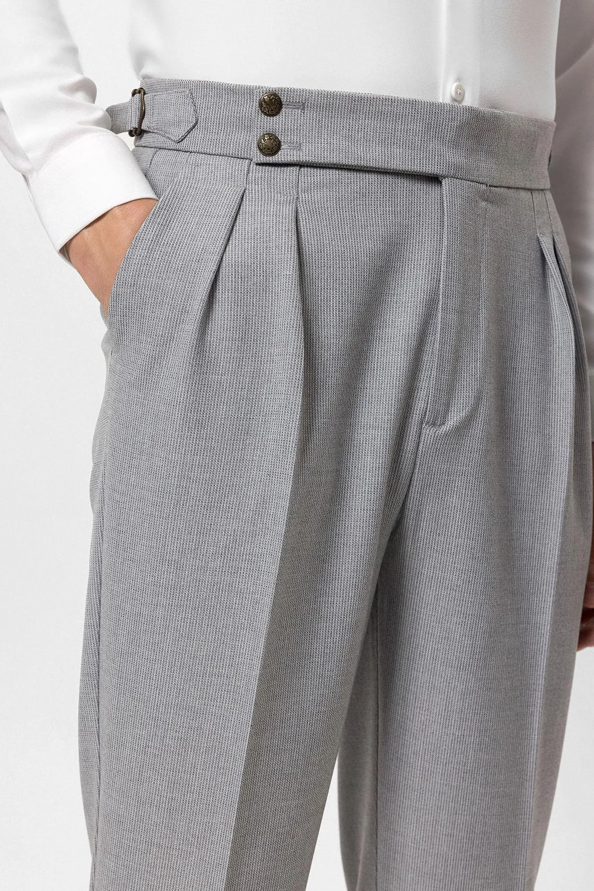 Men's Grey High Waist Side Buckled Pleated Fabric Trousers - Wessi