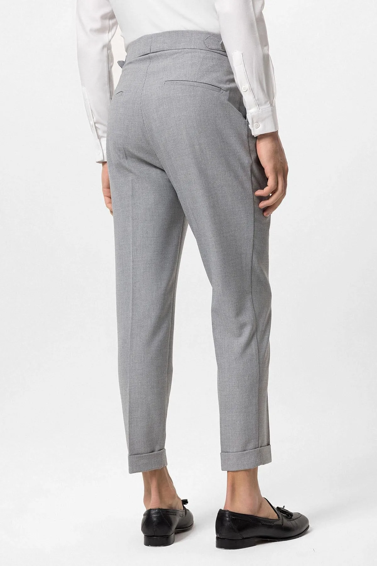 Men's Grey High Waist Side Buckled Pleated Fabric Trousers - Wessi