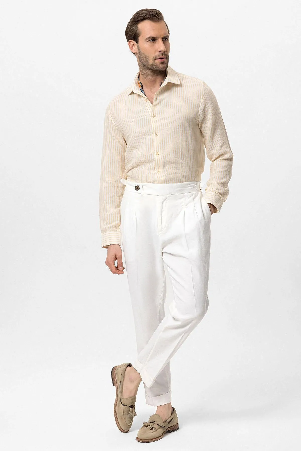 Men's White Cuffed High-Waisted  Pants - Wessi