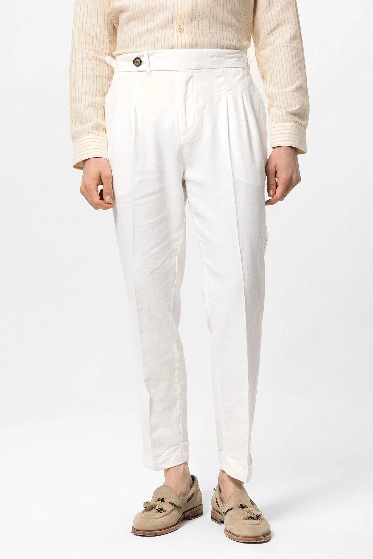Men's White Cuffed High-Waisted  Pants - Wessi