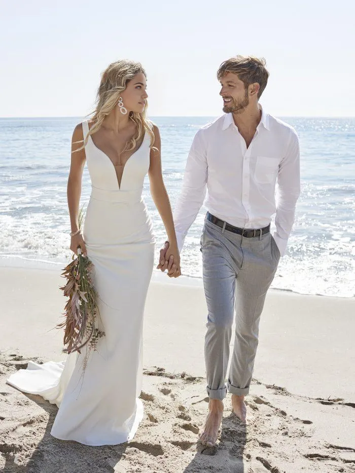 Mermaid Beach Elegant V Neck Satin Wedding Dresses