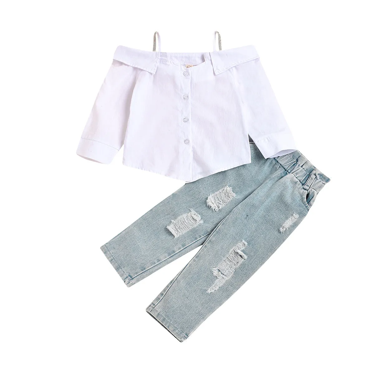 One-shoulder Cotton Sling Shirt Ripped Pocket Jeans Suit