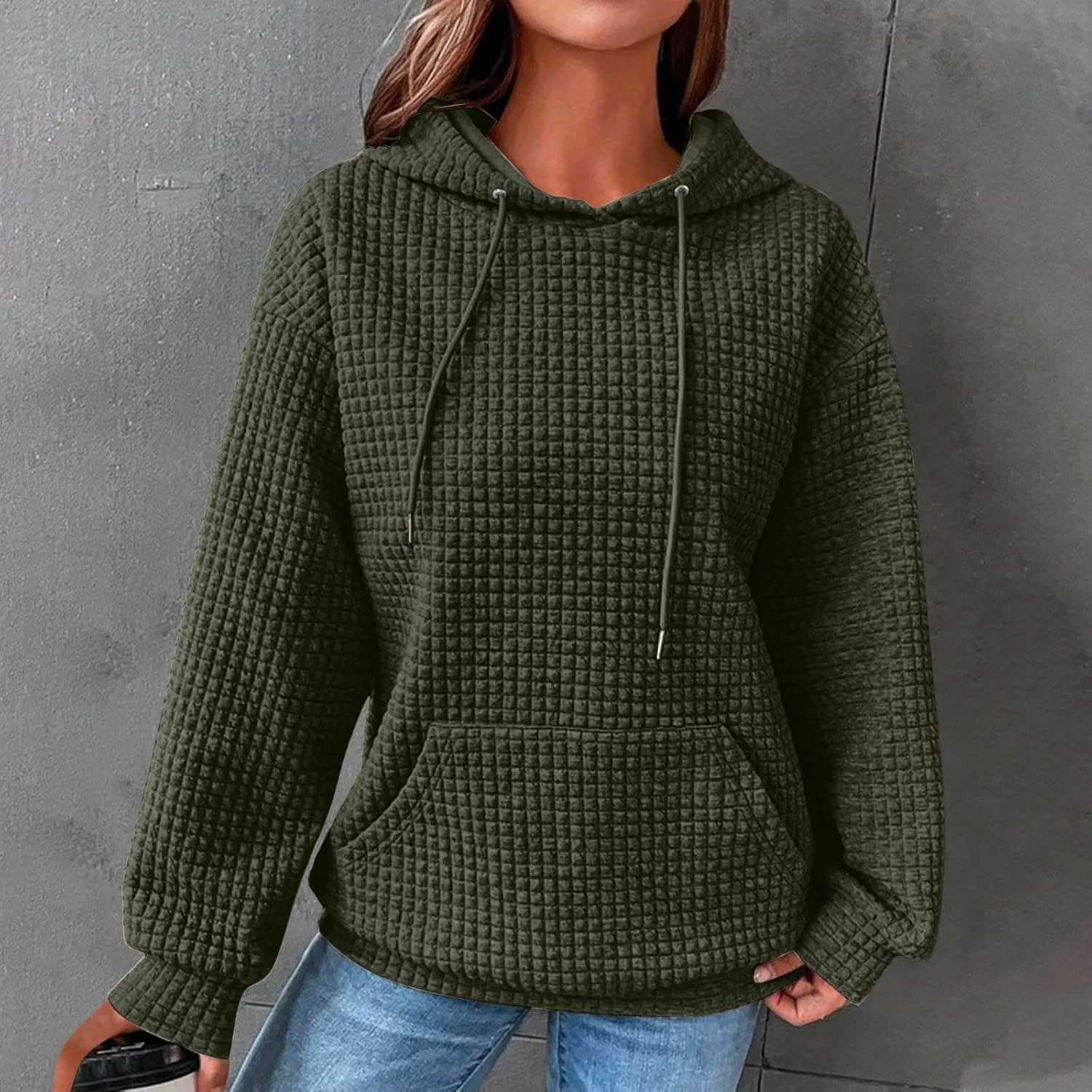 Oversized Hoodies for Women Waffle Pullover Casual Loose Fit Hooded Sweatshirt Long Sleeve Drawstring Tops