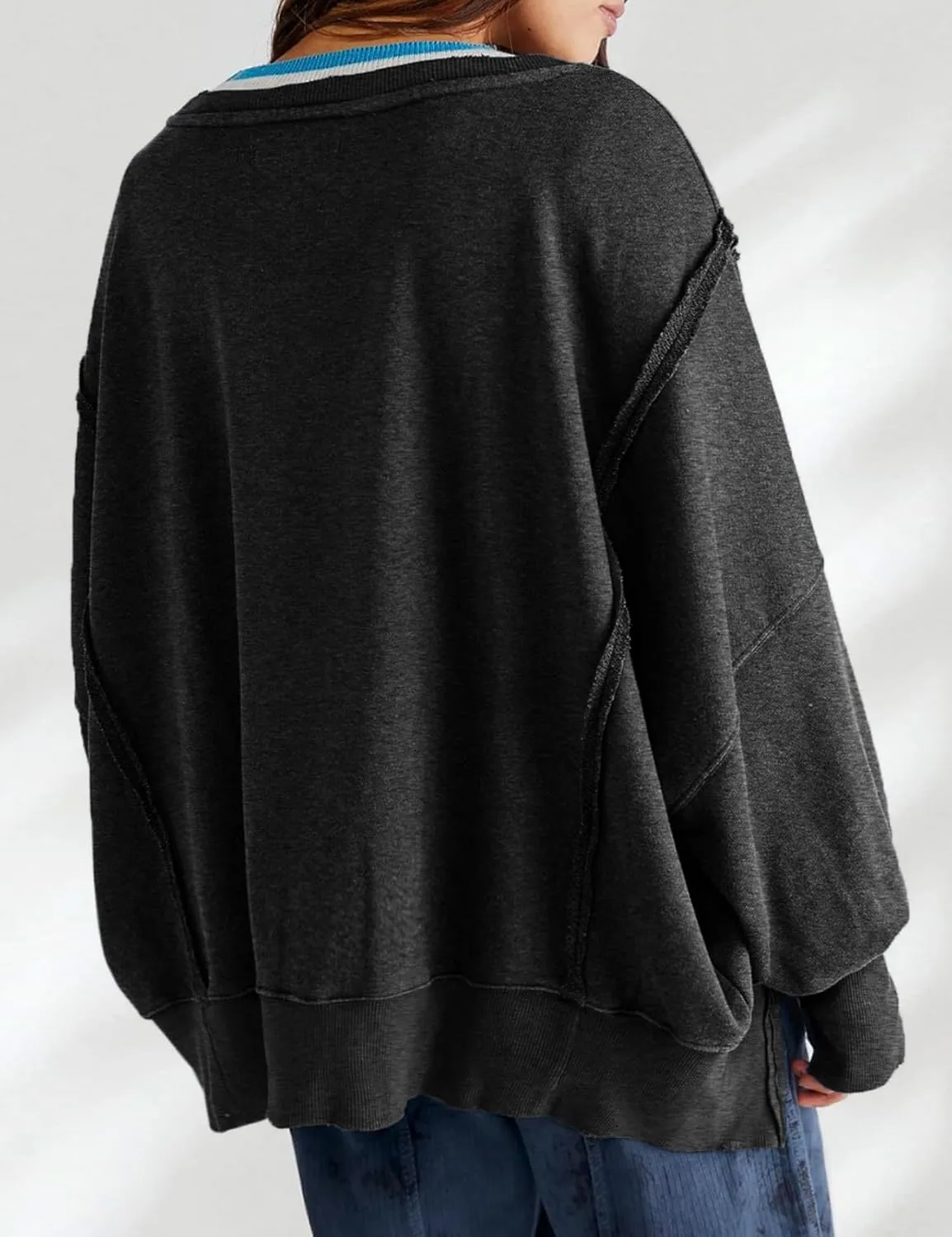 Perbai Womens Oversized Crewneck Sweatshirt Hoodies Reverse Seam Side Slit Long Sleeve Pullover Slouchy Fit Tops