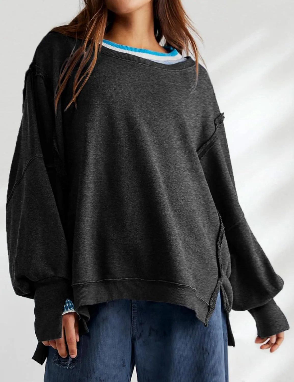 Perbai Womens Oversized Crewneck Sweatshirt Hoodies Reverse Seam Side Slit Long Sleeve Pullover Slouchy Fit Tops