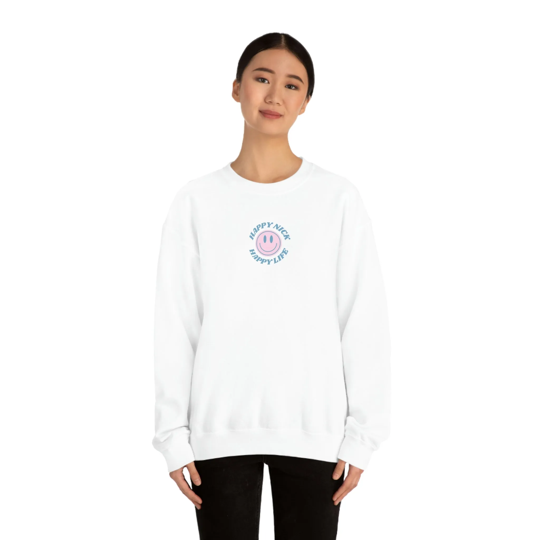Personalized Happy Spirit Happy Life Sweatshirt, Custom Smile Crewneck Sweatshirt, Retro Vintage Style Top, Couple Wedding Anniversary Gift