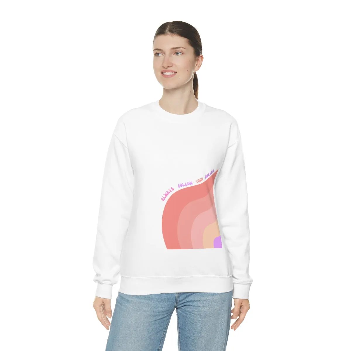 Retro Rainbow Sweatshirt, Always Follow Your Dreams Crewneck, Pink and Lavender Sweatshirt, Minimalist Vintage Style Font, Positivity Top