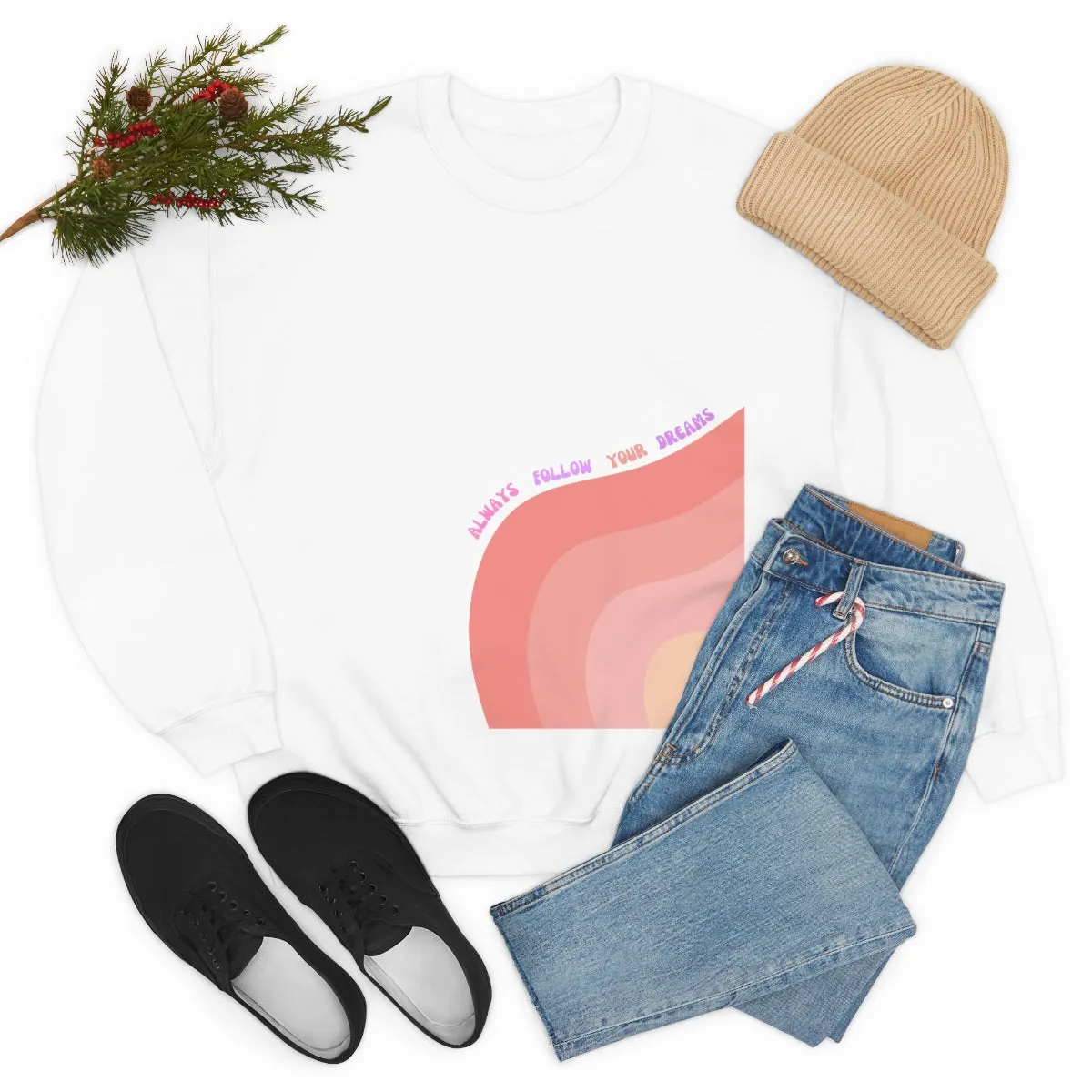 Retro Rainbow Sweatshirt, Always Follow Your Dreams Crewneck, Pink and Lavender Sweatshirt, Minimalist Vintage Style Font, Positivity Top