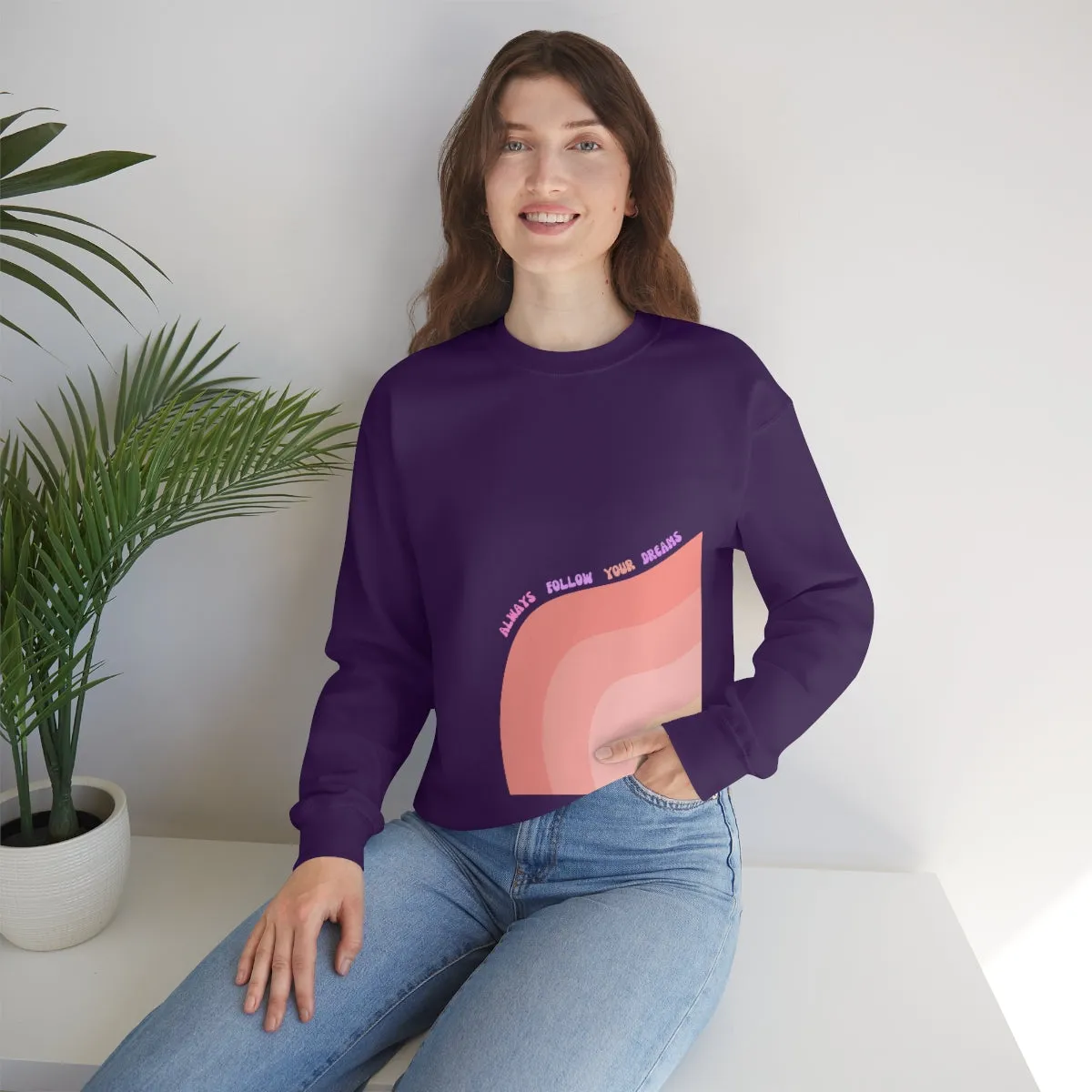 Retro Rainbow Sweatshirt, Always Follow Your Dreams Crewneck, Pink and Lavender Sweatshirt, Minimalist Vintage Style Font, Positivity Top