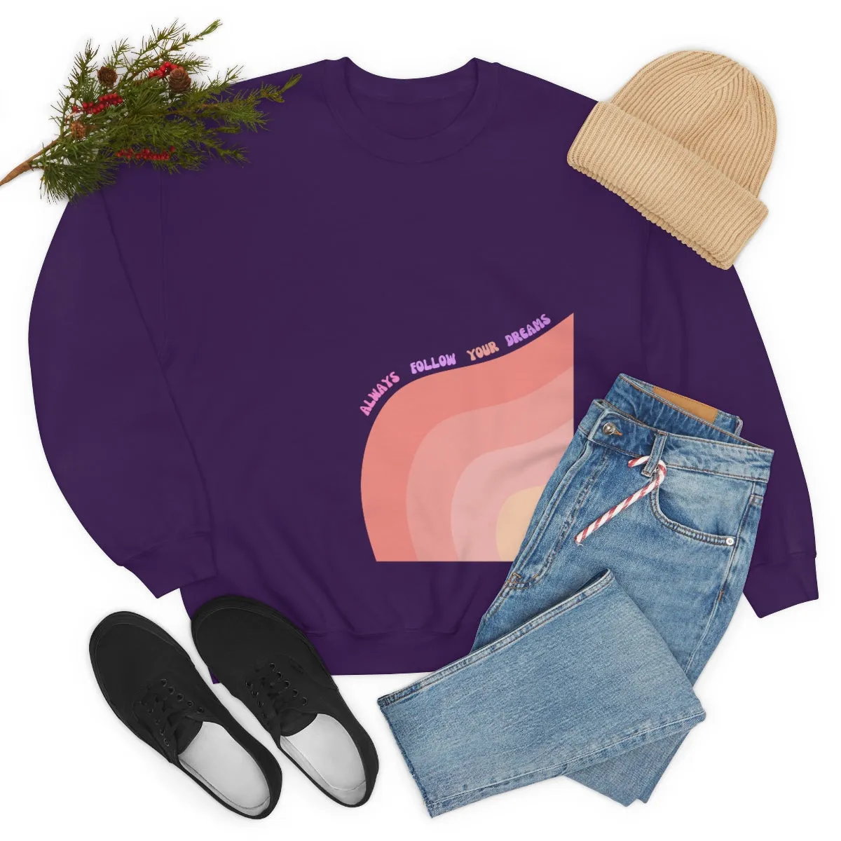 Retro Rainbow Sweatshirt, Always Follow Your Dreams Crewneck, Pink and Lavender Sweatshirt, Minimalist Vintage Style Font, Positivity Top