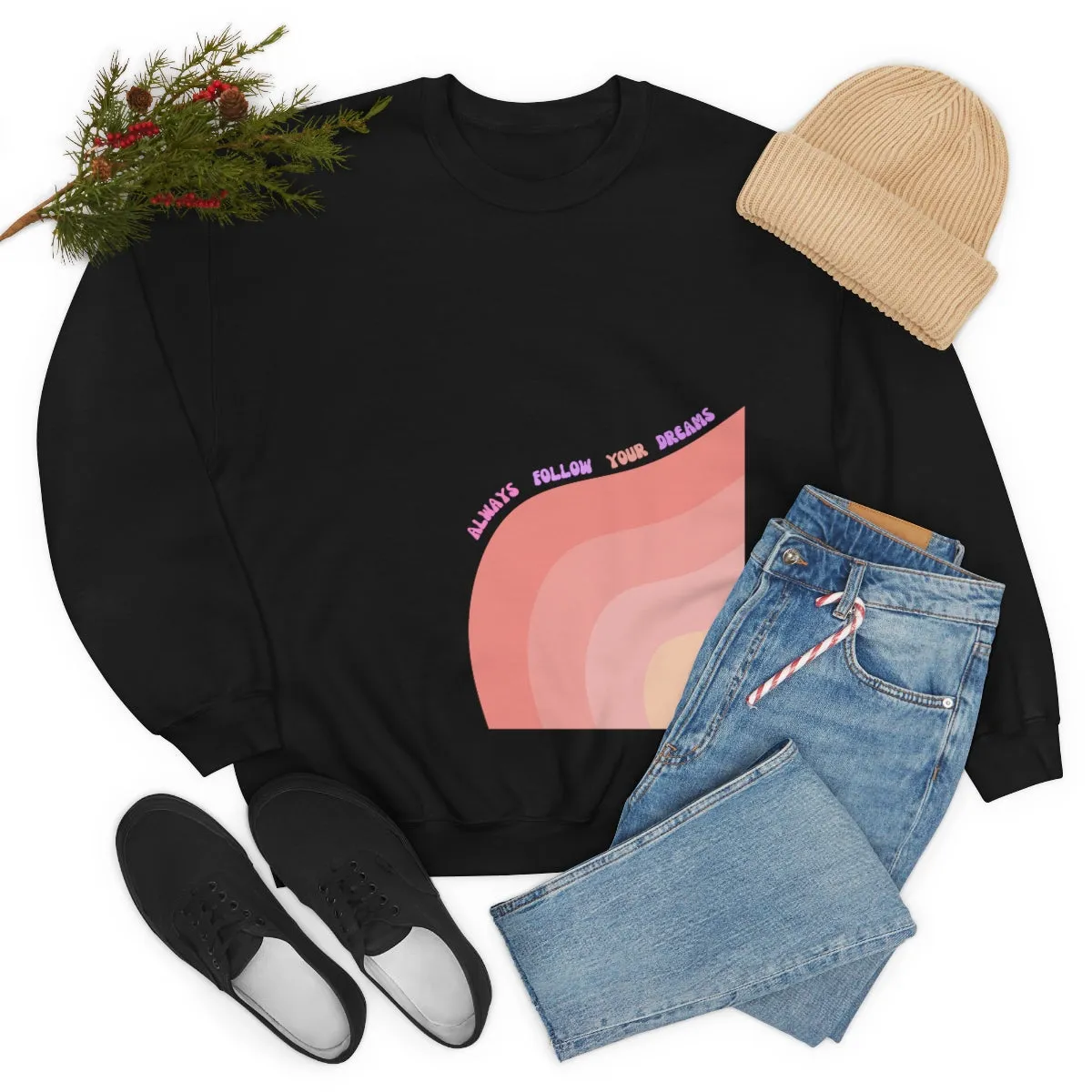 Retro Rainbow Sweatshirt, Always Follow Your Dreams Crewneck, Pink and Lavender Sweatshirt, Minimalist Vintage Style Font, Positivity Top