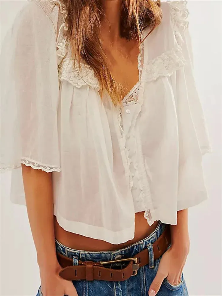 Ruffles Lace Patchwork Short Sleeve Summer Crop Top Blouse