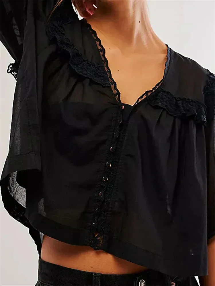 Ruffles Lace Patchwork Short Sleeve Summer Crop Top Blouse