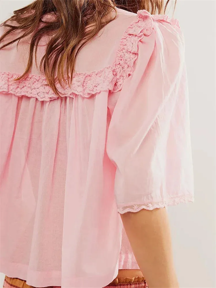 Ruffles Lace Patchwork Short Sleeve Summer Crop Top Blouse