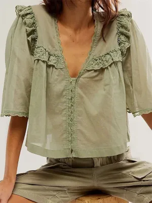 Ruffles Lace Patchwork Short Sleeve Summer Crop Top Blouse
