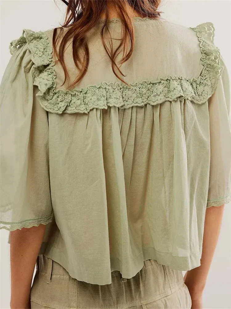 Ruffles Lace Patchwork Short Sleeve Summer Crop Top Blouse