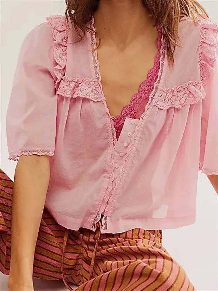 Ruffles Lace Patchwork Short Sleeve Summer Crop Top Blouse