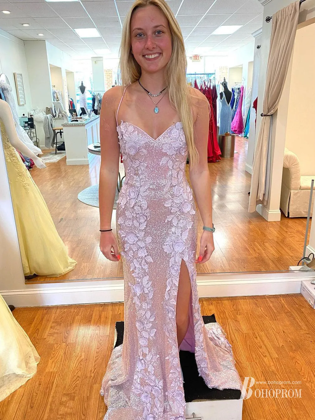 Shining Lace Spaghetti Straps Neckline Sheath Appliques Prom Dresses PD644