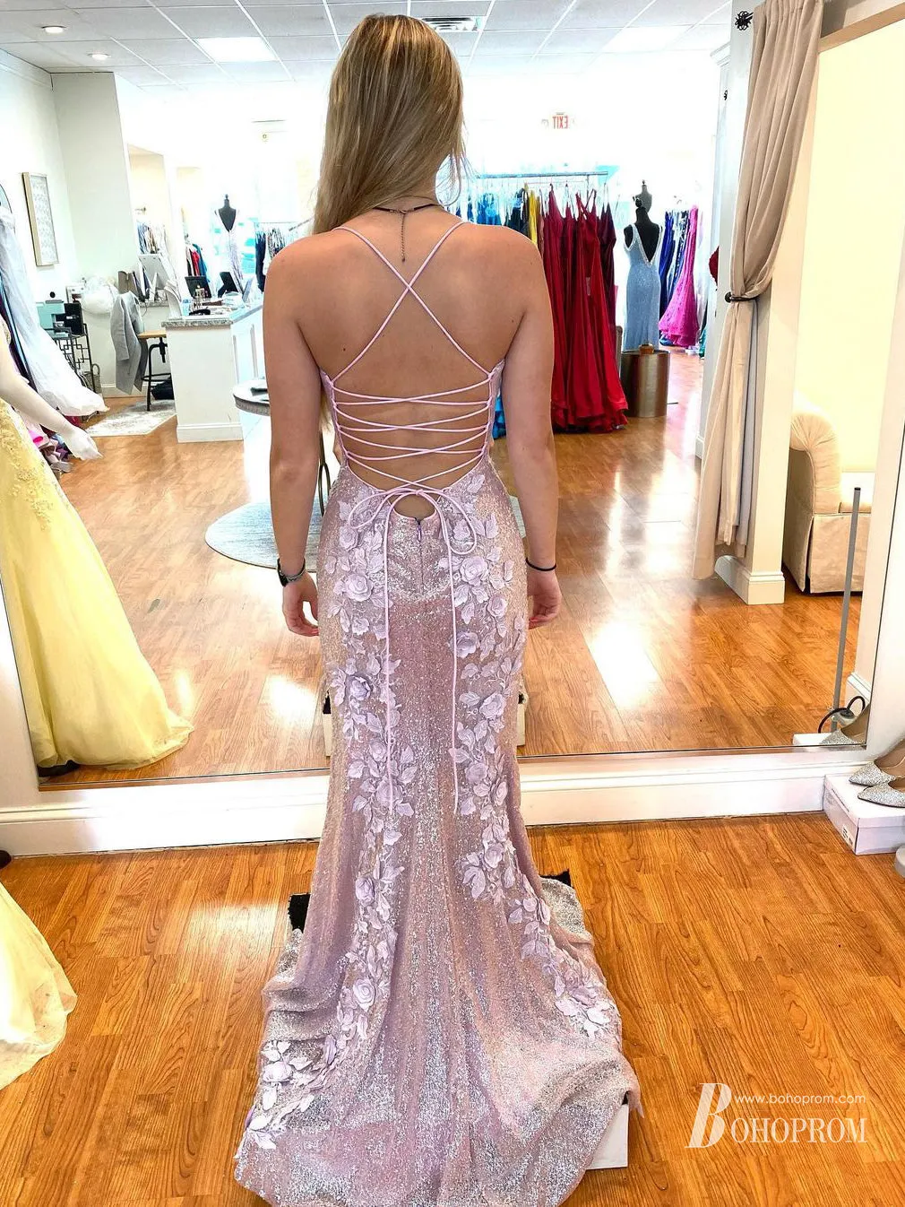 Shining Lace Spaghetti Straps Neckline Sheath Appliques Prom Dresses PD644