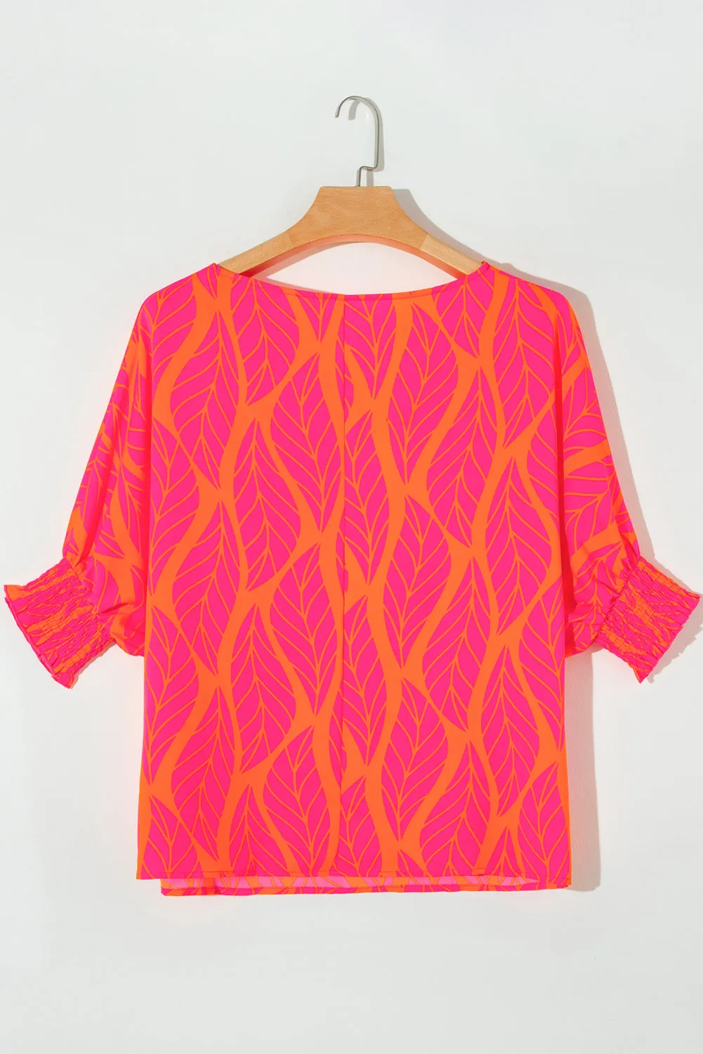 Smocked Wrist Shift Top - Coral Leaf Print