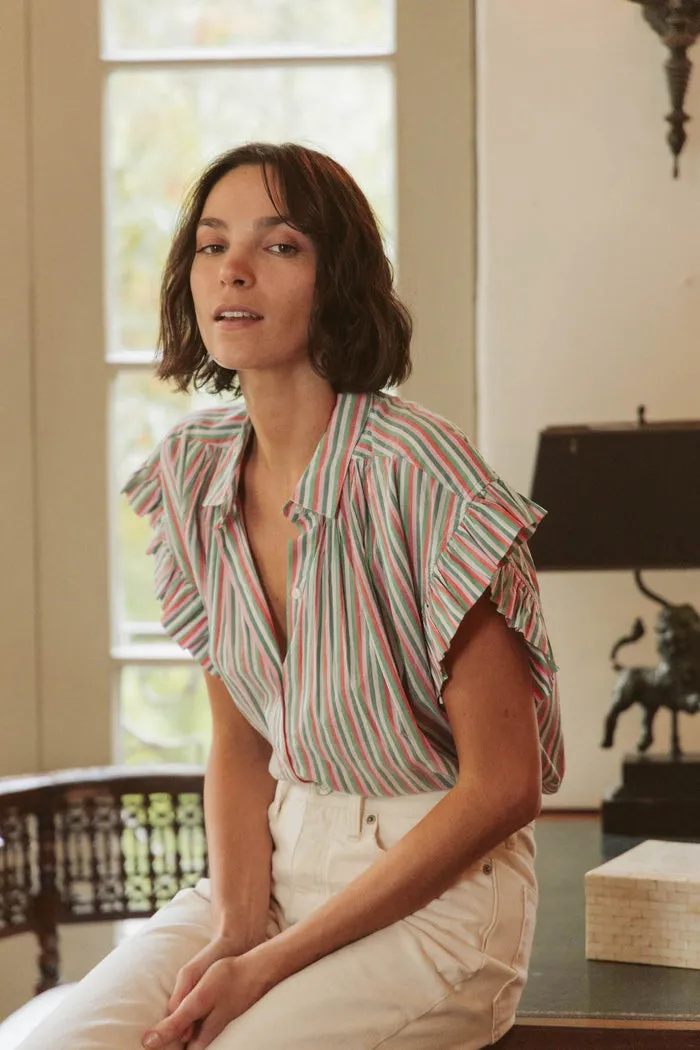 Trovata - Marianne "B" Ruffle Sleeve Shirt in Honeysuckle Stripe