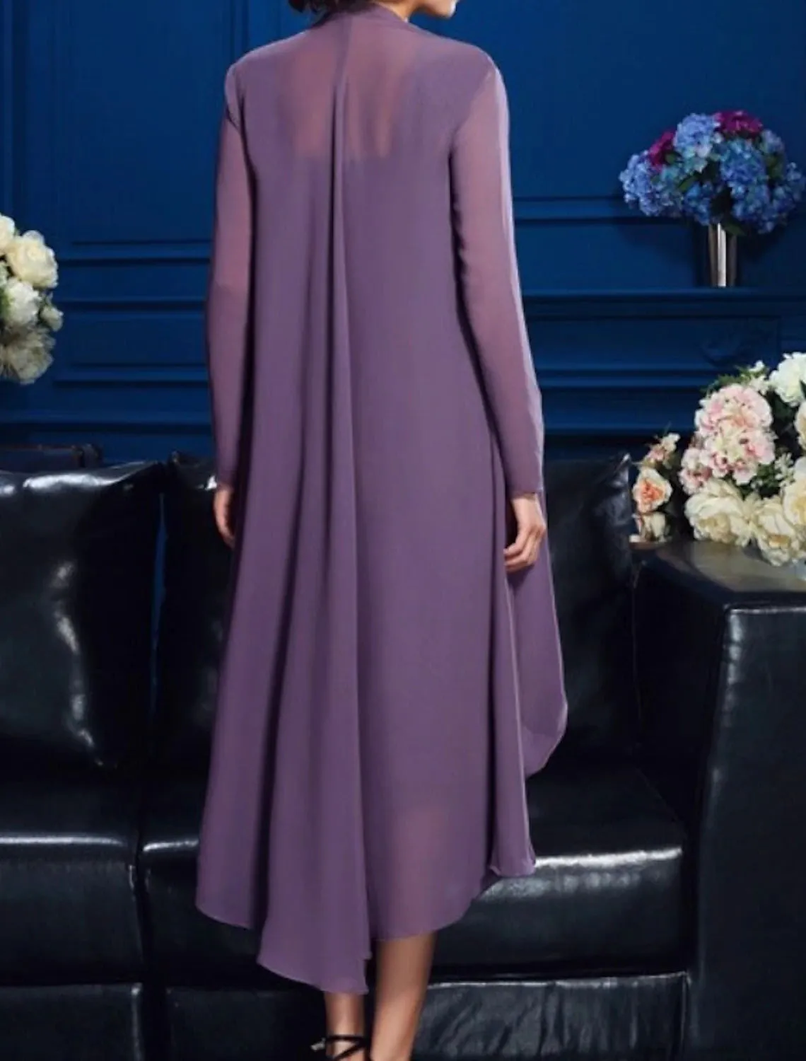 Two Piece Sheath / Column Mother of the Bride Dress Church Elegant Jewel Neck Knee Length Chiffon Lace Long Sleeve Jacket Dresses with Appliques