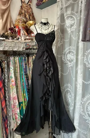 Vintage Black Chiffon Spaghetti Straps Long Prom Dresses