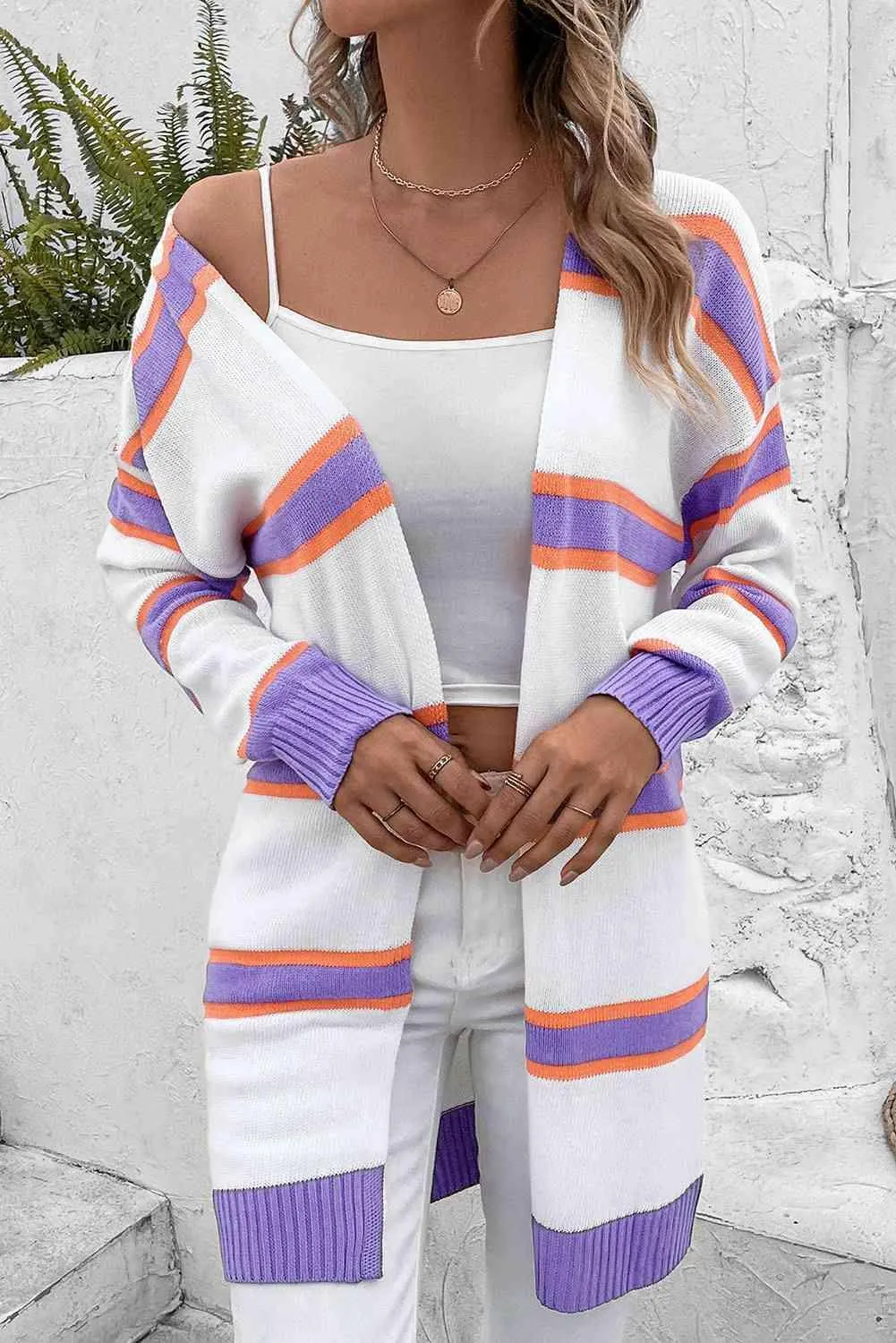Warm Wrap Knit Long Striped Cardigan