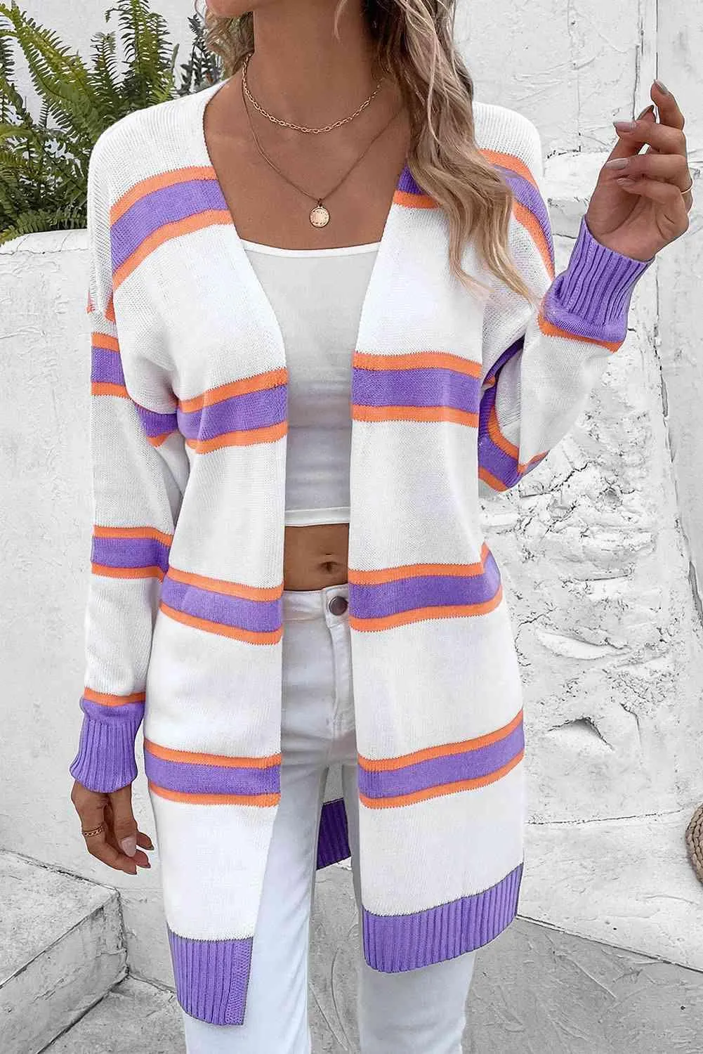 Warm Wrap Knit Long Striped Cardigan