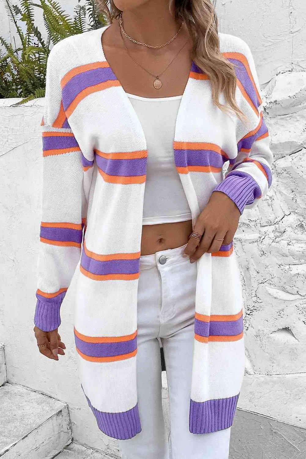 Warm Wrap Knit Long Striped Cardigan
