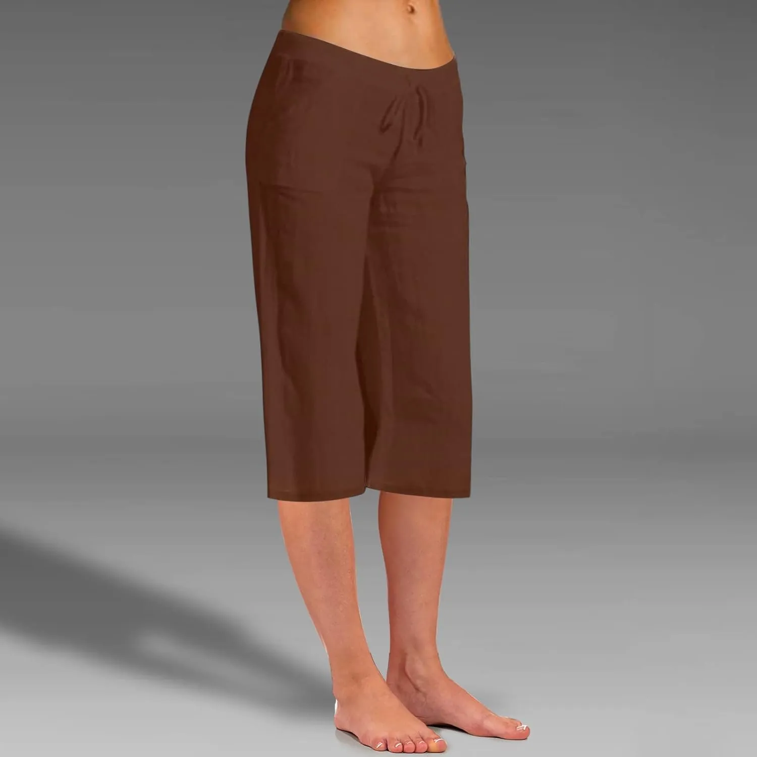Women Fashion Solid Color Cotton Elastic Long Pants Beach Leisure Trousers Crop Length Pants Linen