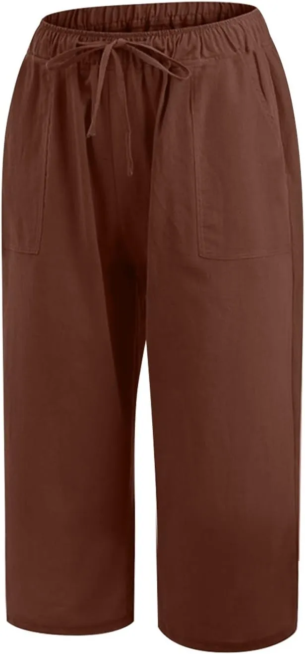 Women Fashion Solid Color Cotton Elastic Long Pants Beach Leisure Trousers Crop Length Pants Linen