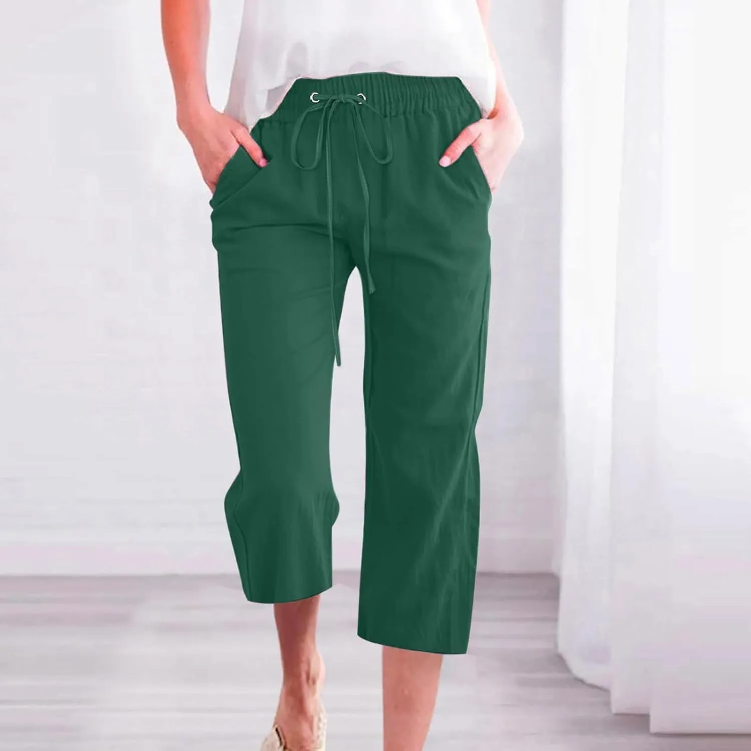 Women Linen Pants Cropped Pants Cotton High Waisted Dressy Trousers Casual Loose Summer Lounge Trousers