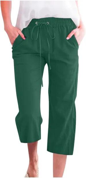 Women Linen Pants Cropped Pants Cotton High Waisted Dressy Trousers Casual Loose Summer Lounge Trousers