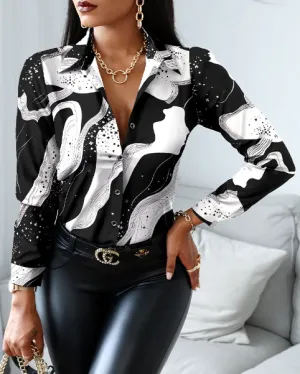 Women's Button-Up Blouse - Abstract Pattern - Long Sleeve - Classic Collar Elegant Fit