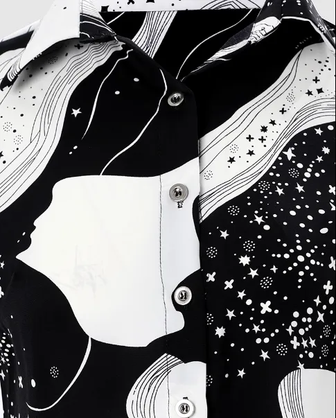 Women's Button-Up Blouse - Abstract Pattern - Long Sleeve - Classic Collar Elegant Fit