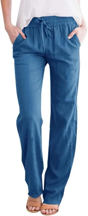 Womens Cotton Linen Baggy Wide Leg Pants Casual Drawstring Elastic Waisted Palazzo Harem Trousers with Pockets