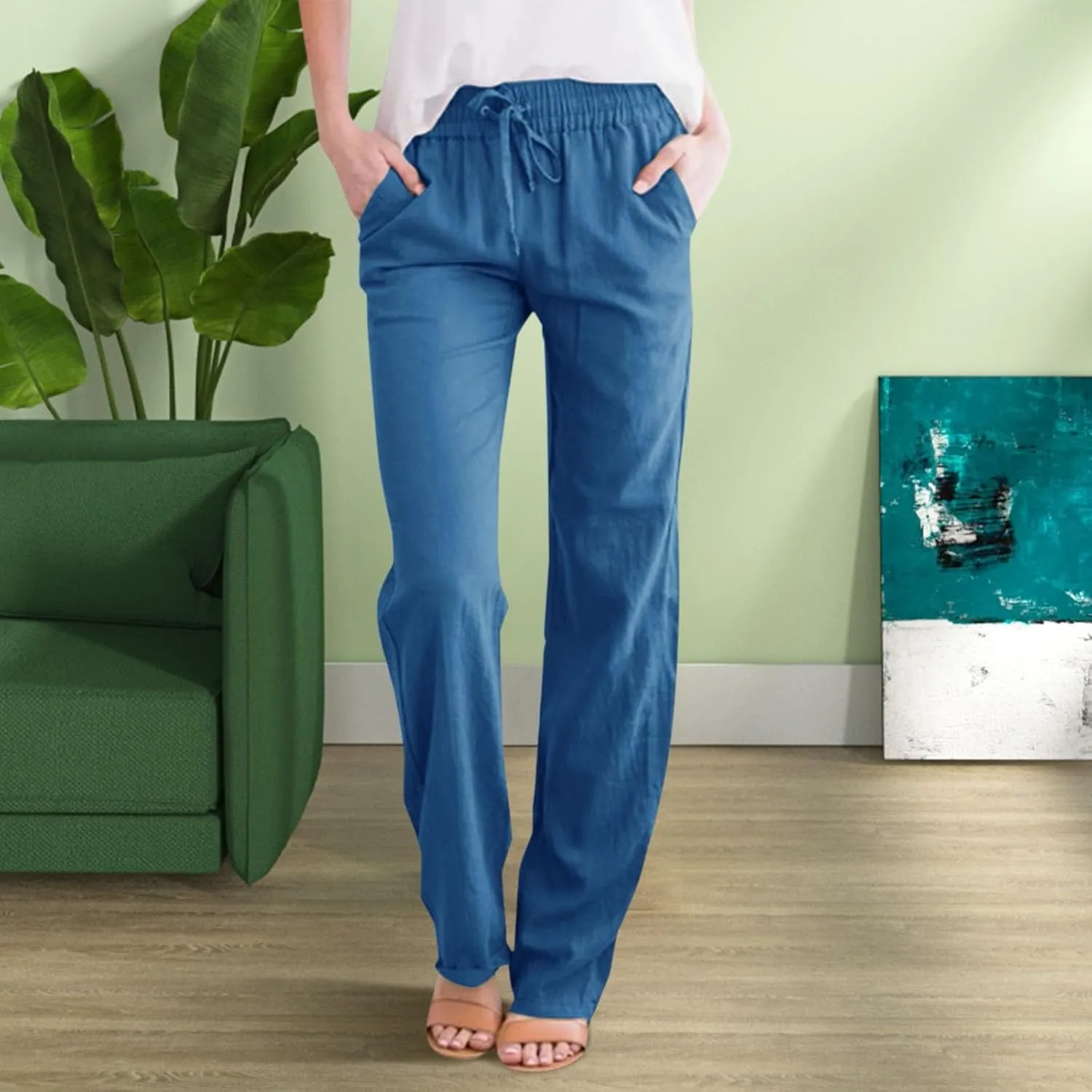 Womens Cotton Linen Baggy Wide Leg Pants Casual Drawstring Elastic Waisted Palazzo Harem Trousers with Pockets
