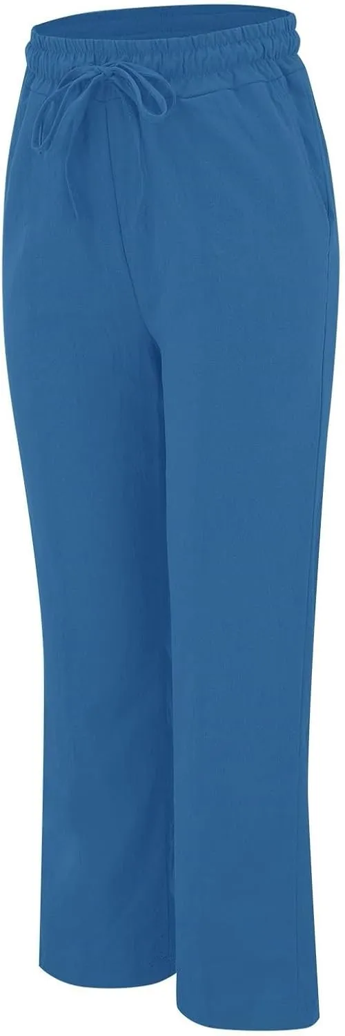 Womens Cotton Linen Baggy Wide Leg Pants Casual Drawstring Elastic Waisted Palazzo Harem Trousers with Pockets