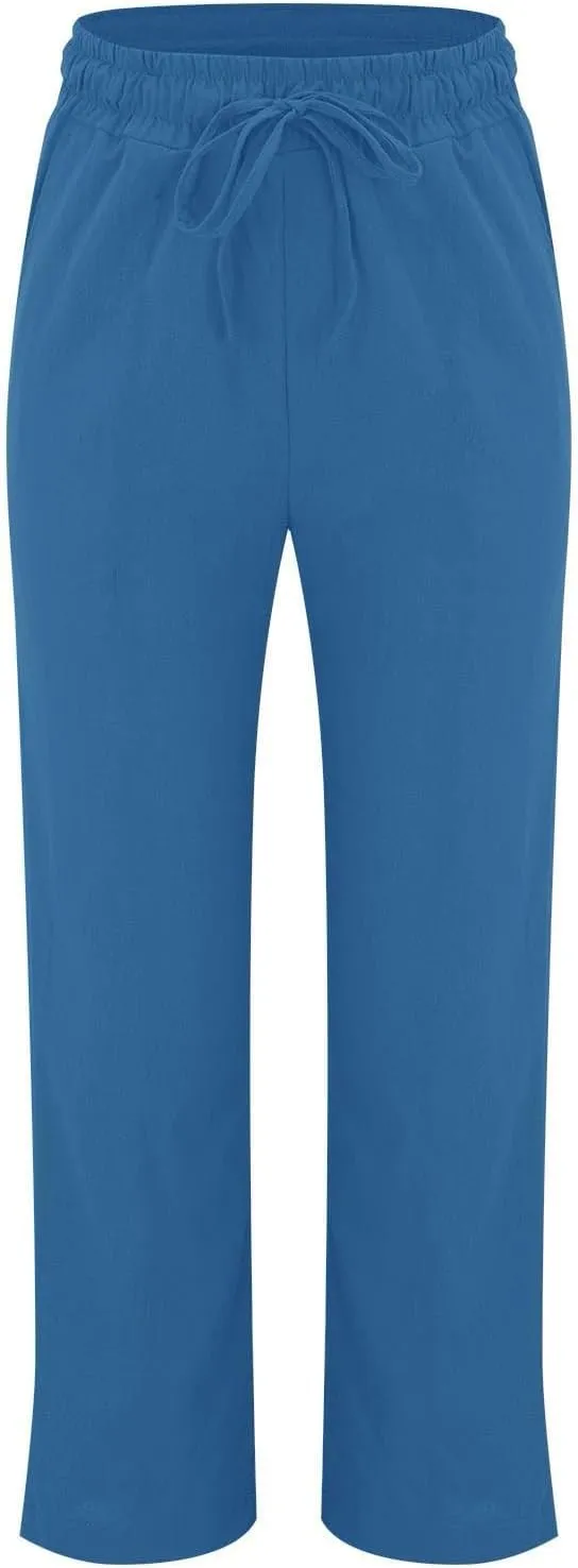 Womens Cotton Linen Baggy Wide Leg Pants Casual Drawstring Elastic Waisted Palazzo Harem Trousers with Pockets