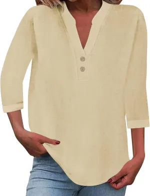 Womens Linen Shirts 3/4 Length Sleeve Casual Dressy Blouses Lightweight Gauze Boho Beach T Shirts Loose Tunic Tops