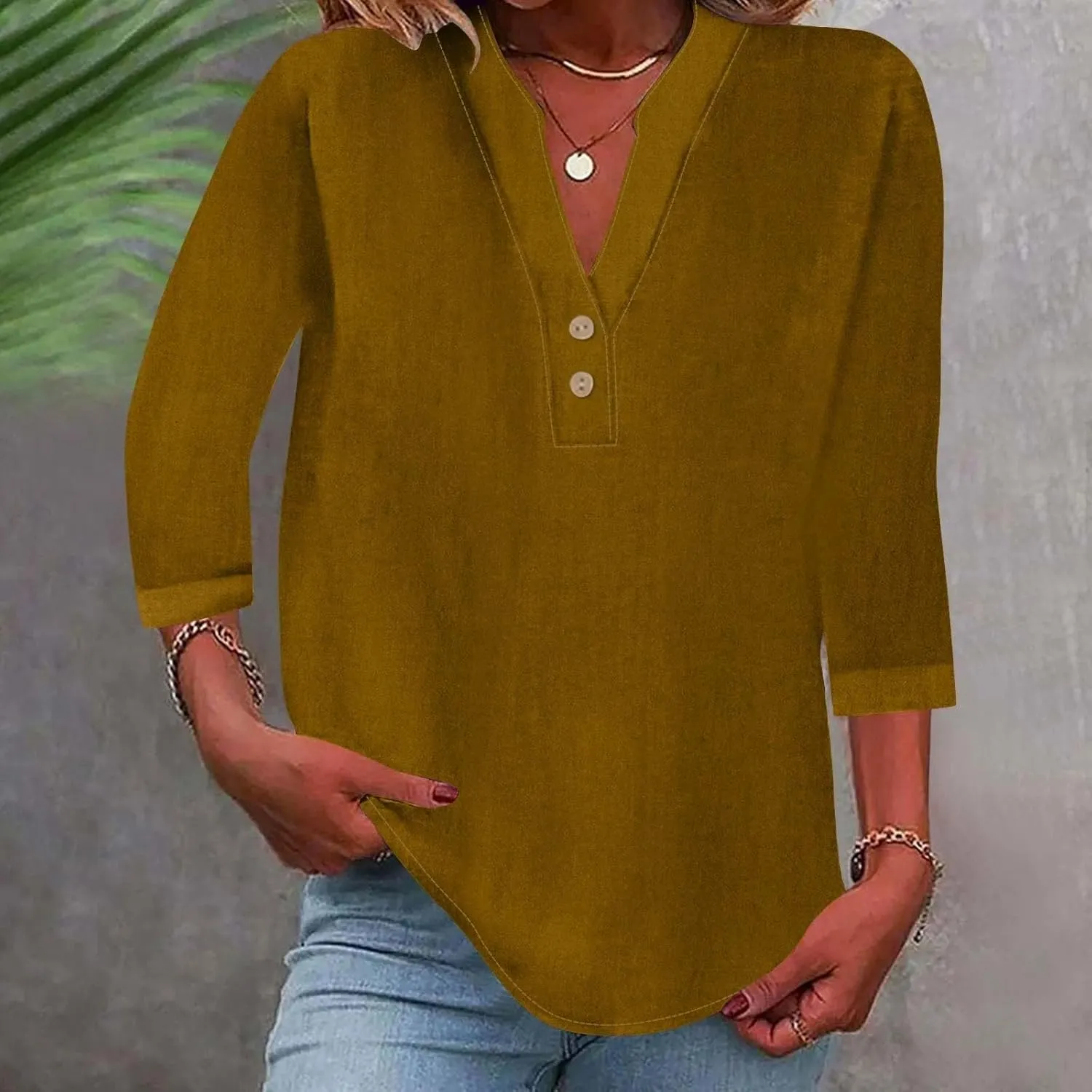 Womens Linen Shirts 3/4 Length Sleeve Casual Dressy Blouses Lightweight Gauze Boho Beach T Shirts Loose Tunic Tops