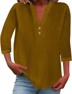 Womens Linen Shirts 3/4 Length Sleeve Casual Dressy Blouses Lightweight Gauze Boho Beach T Shirts Loose Tunic Tops