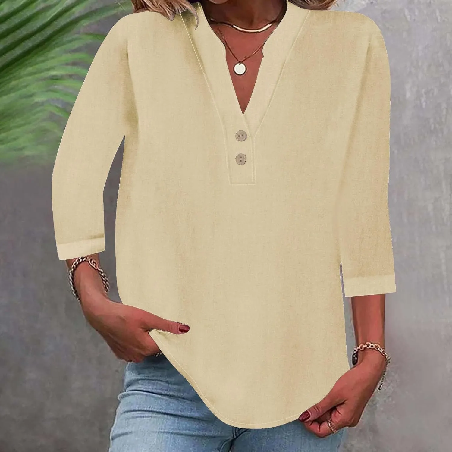Womens Linen Shirts 3/4 Length Sleeve Casual Dressy Blouses Lightweight Gauze Boho Beach T Shirts Loose Tunic Tops