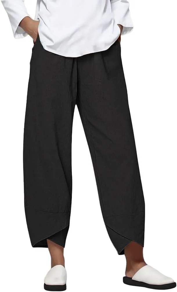 Womens Pants Casual Cotton Linen Plus Size Elastic Waist Capris Summer Loose Lightweight Cropped Pants with Pockets