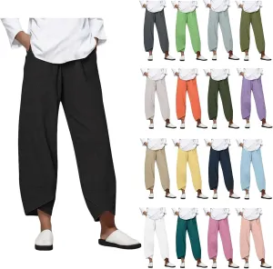 Womens Pants Casual Cotton Linen Plus Size Elastic Waist Capris Summer Loose Lightweight Cropped Pants with Pockets