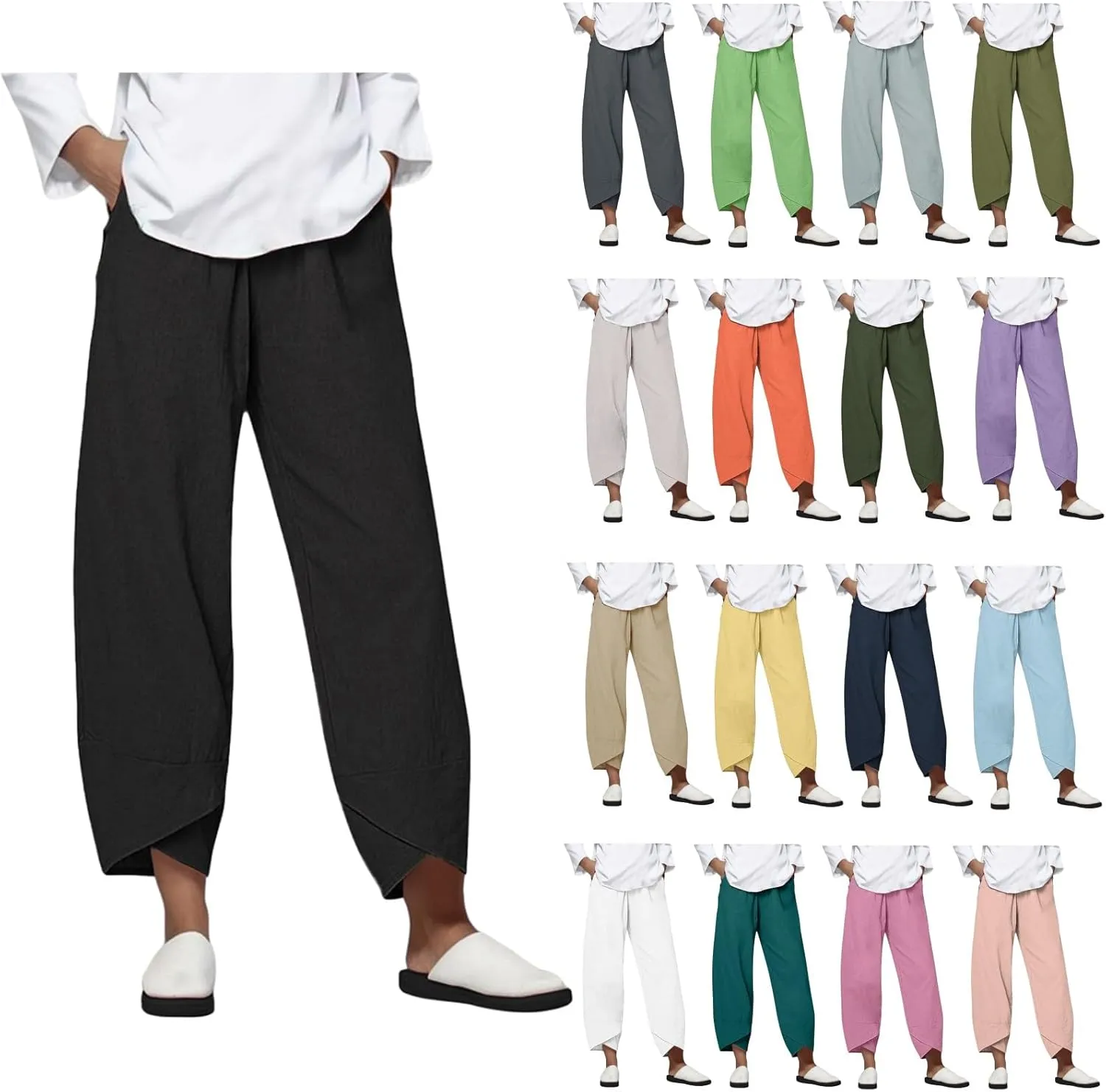 Womens Pants Casual Cotton Linen Plus Size Elastic Waist Capris Summer Loose Lightweight Cropped Pants with Pockets