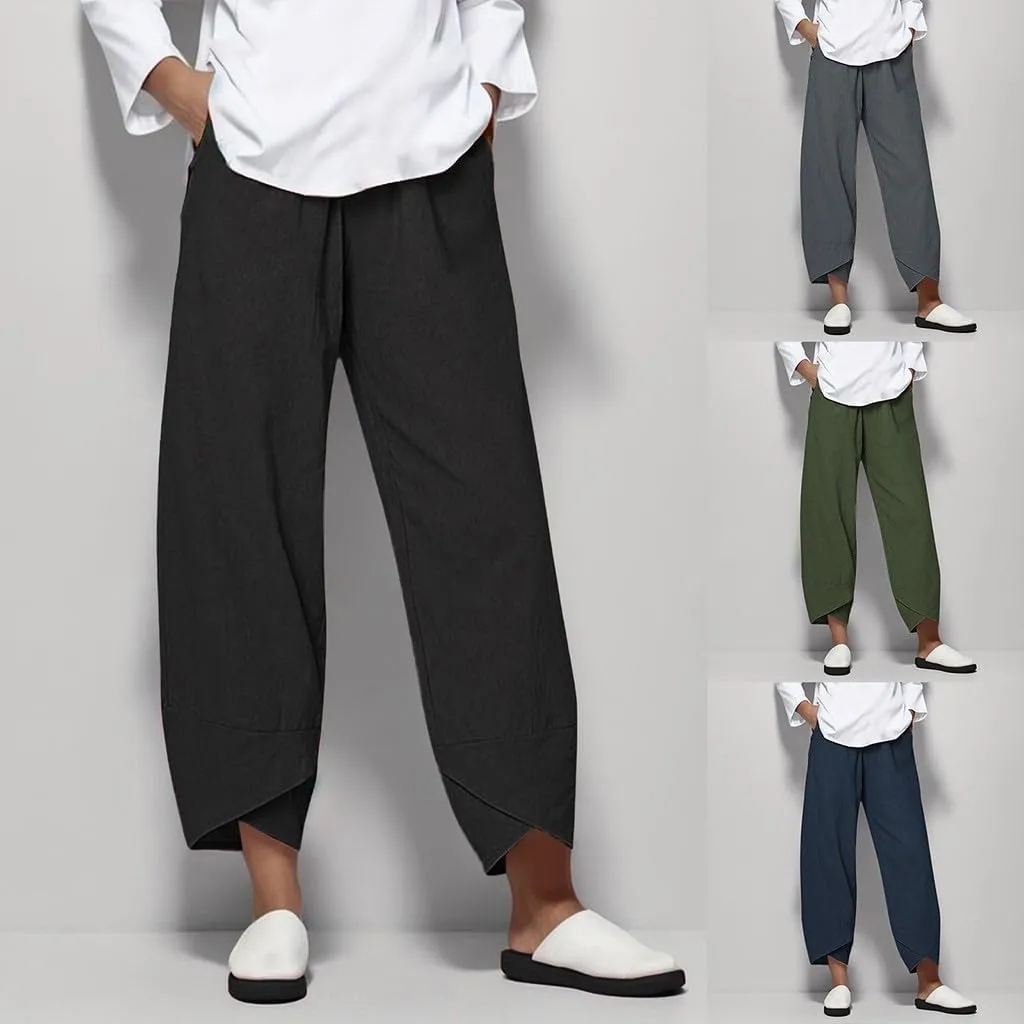 Womens Pants Casual Cotton Linen Plus Size Elastic Waist Capris Summer Loose Lightweight Cropped Pants with Pockets